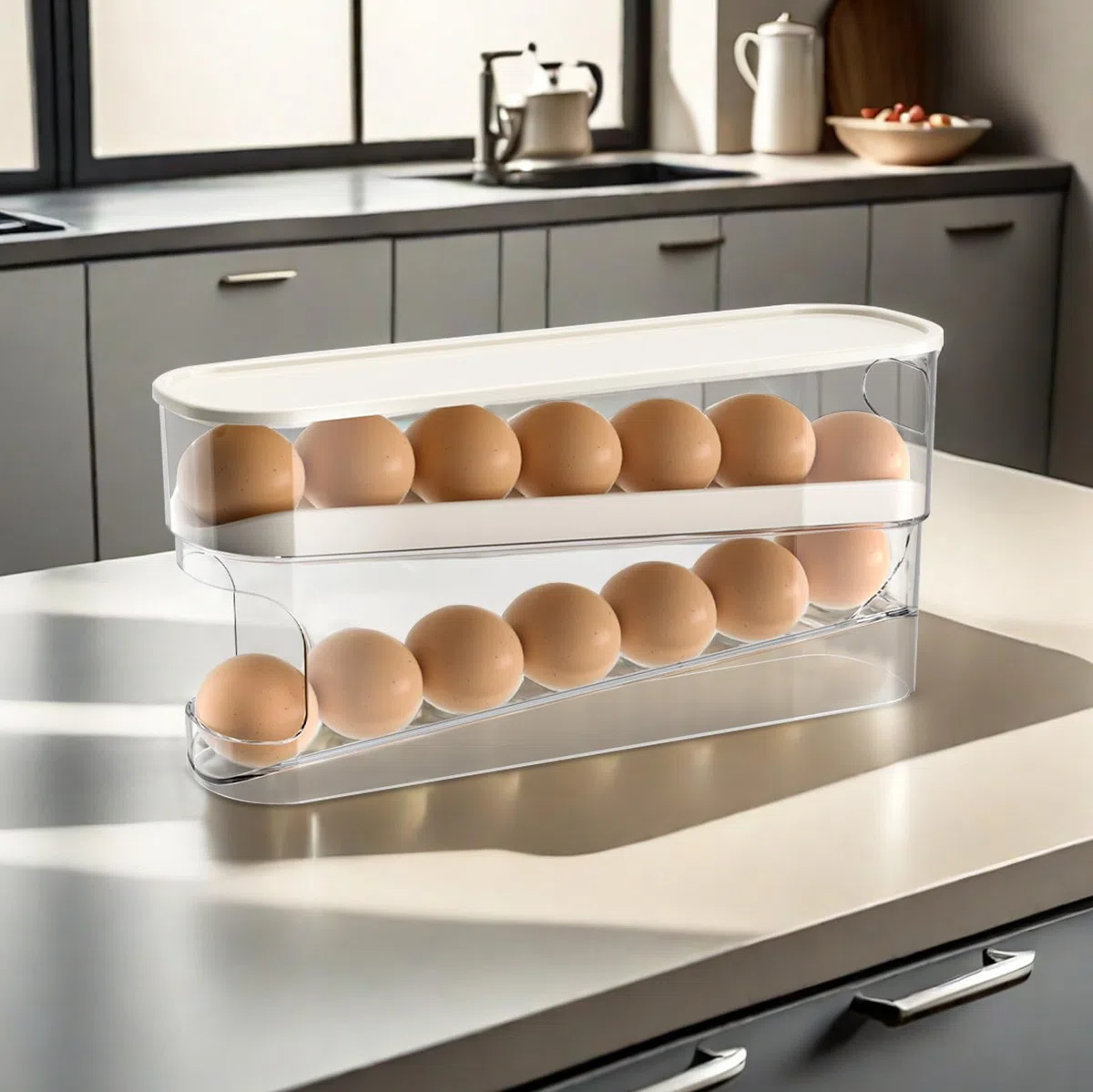 Soporte para huevos para frigorífico, PRITOK 2 capas automático para frigorífico, dispensador de huevos enrollable, organizador de huevos apilable, dispensador de huevos de plástico transparente,