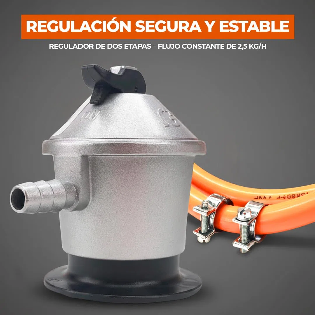 REPORSHOP Kit Regulador Gas Butano Homologado con Seguridad para Cocina - Regulador de Gas Butano con Manguera Butano 1,5 m Fácil Instalación - Goma Gas Butano con Abrazaderas para Propano