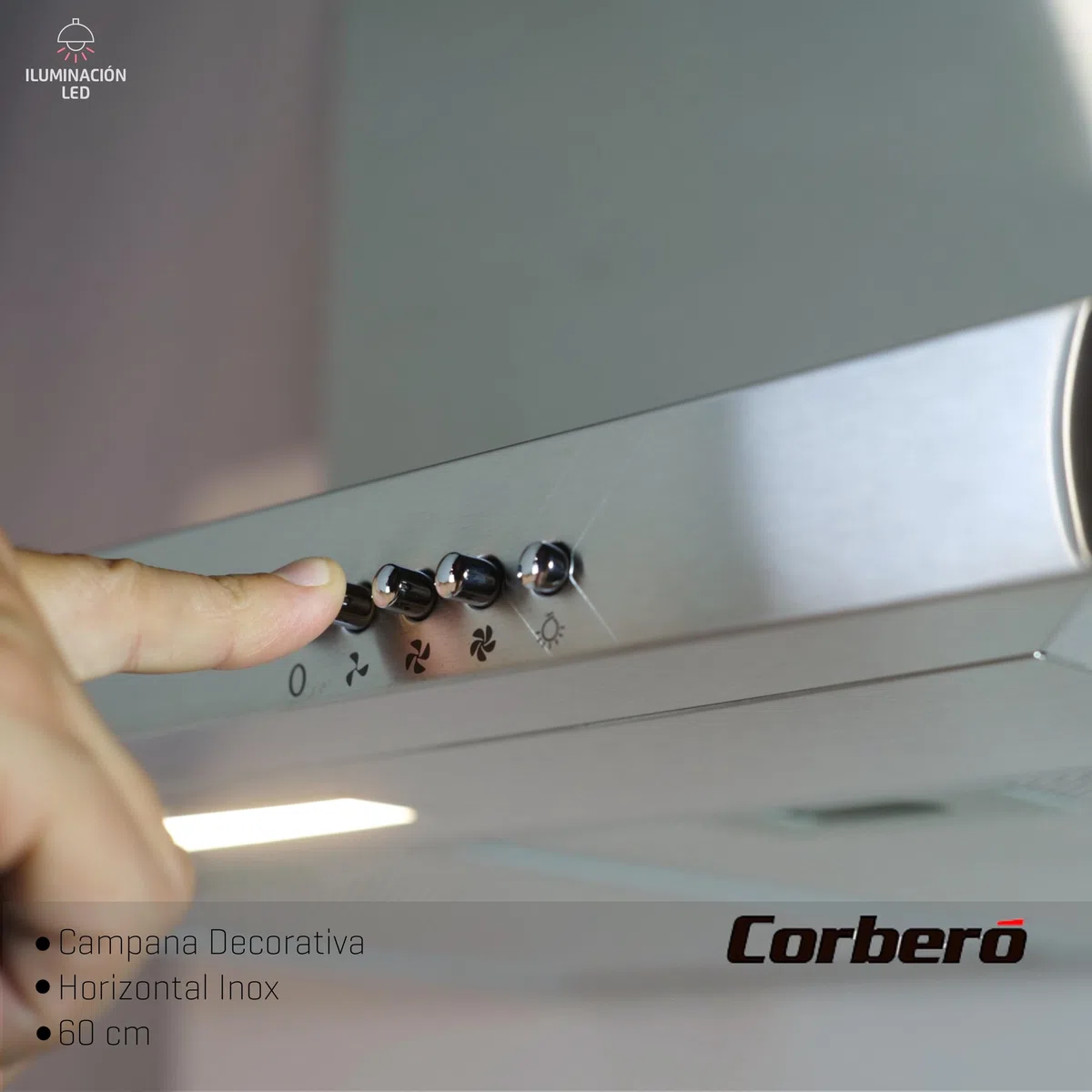 Corberó - Campana Decorativa Horizontal | ONTARIO635X | Inox, 60 cm, Pulsador, Caudal 332,3 m3/h, 70W, 3 Velocidades, 2 X Filtro de Aluminio, Eficiencia Energética A