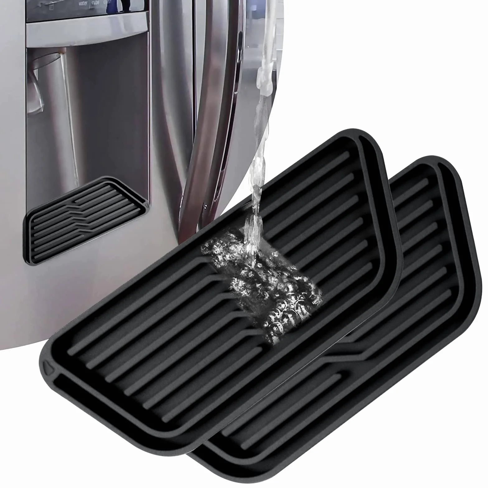 2 Piezas Bandeja Goteo Nevera, Silicona Bandeja de Goteo para Refrigerador Reutilizable Bandeja de Goteo Frigorifico, Antideslizante Alfombrilla de Goteo para Ge, Whirlpool, Samsung Otros, Negro