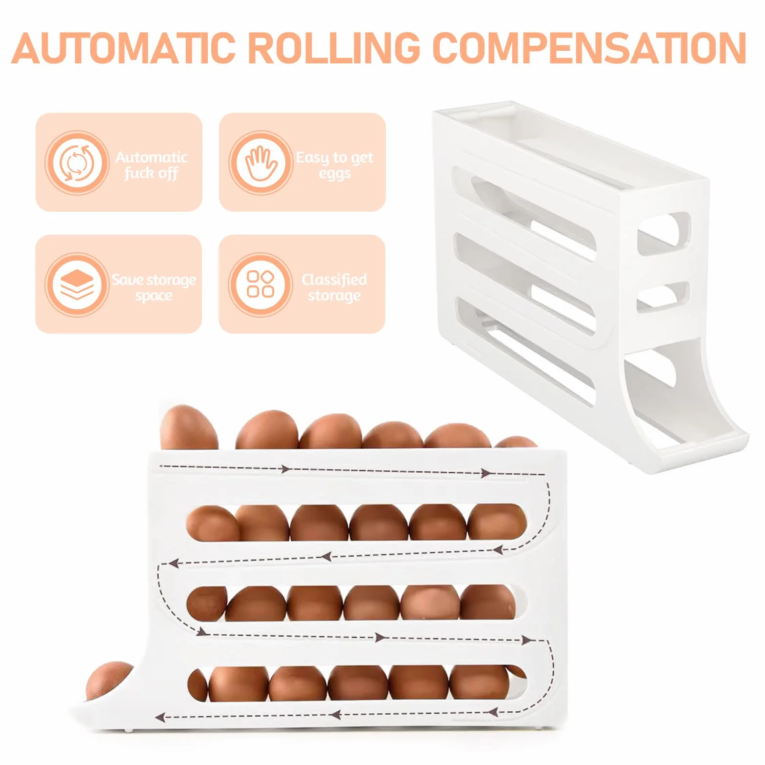 Soporte para huevos de 4 niveles para refrigerador, soporte para huevos de desplazamiento automático, dispensador de huevos que ahorra espacio con rodillo automático, organizador de huevos