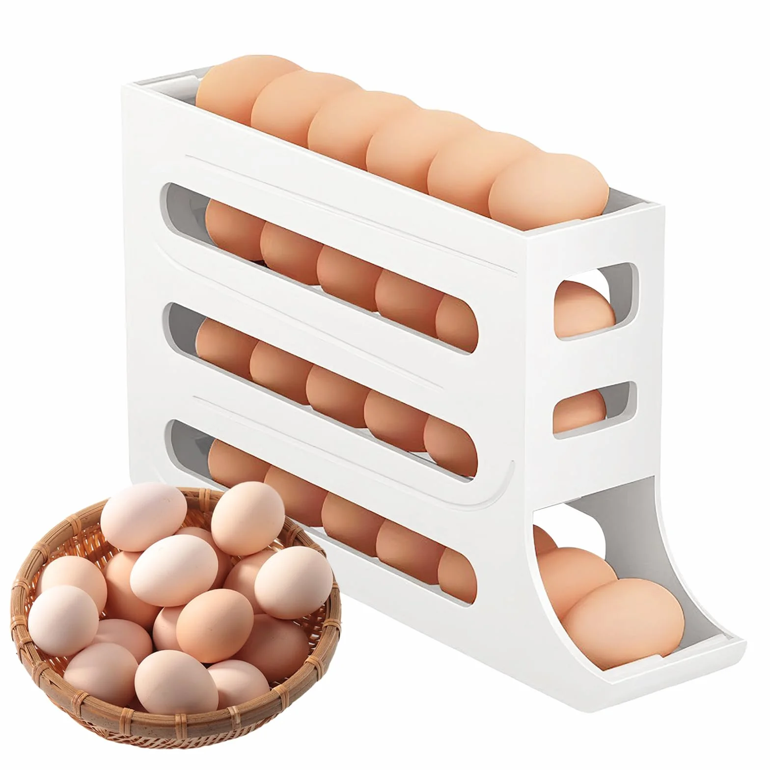 Soporte para huevos de 4 niveles para refrigerador, soporte para huevos de desplazamiento automático, dispensador de huevos que ahorra espacio con rodillo automático, organizador de huevos