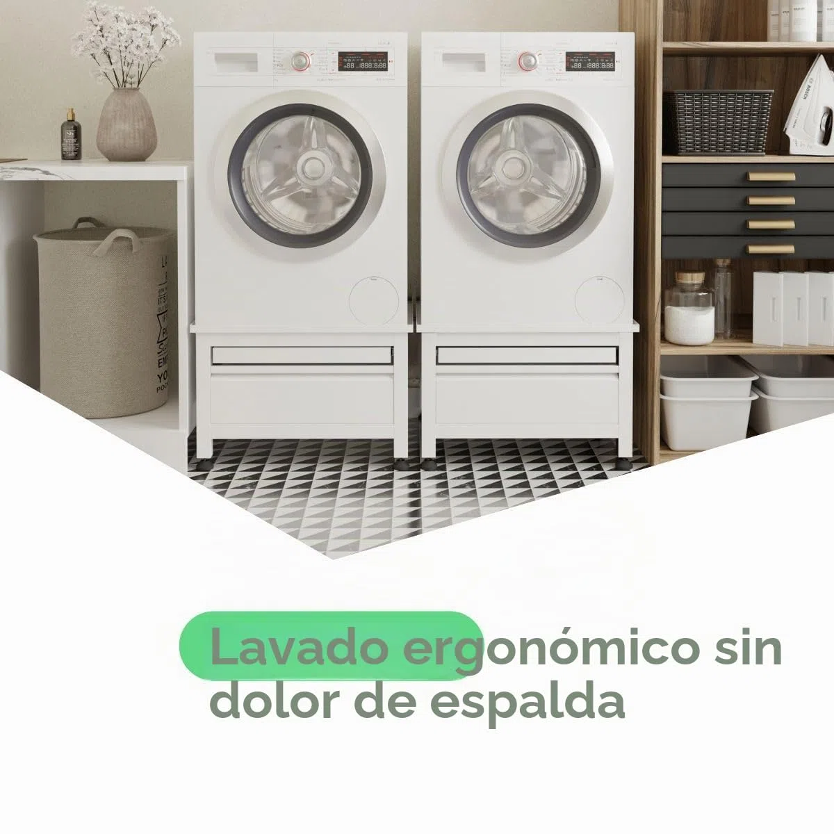 Soporte doble para lavadora con cajón y estante, armario para lavadora, pedestal para lavadora, blanco, universal, 65 x 60,5 cm (largo x ancho), incluye fijaciones de pared