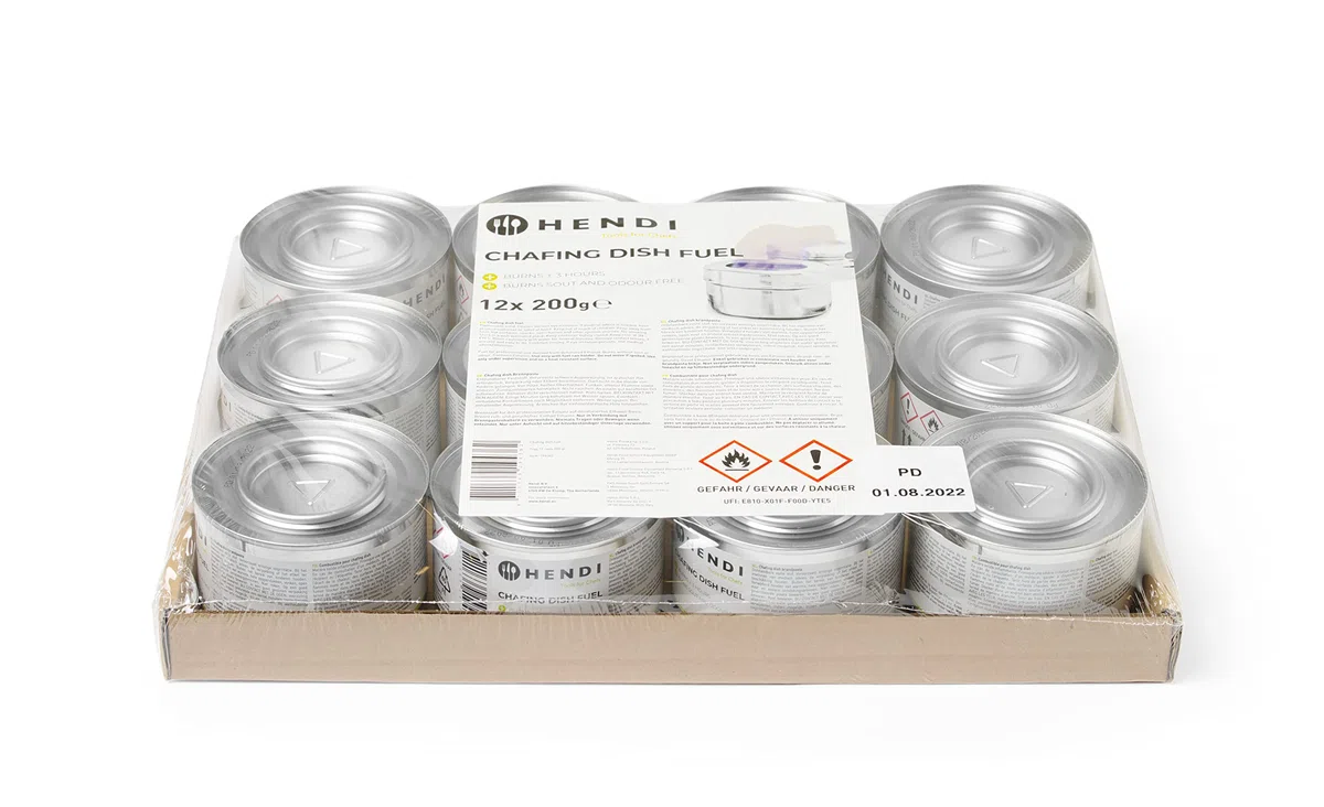 HENDI Pasta combustible para chafing dish, sin hollín y sin olor, combustión aprox. 3 horas, lote de 12 latas de 200 g