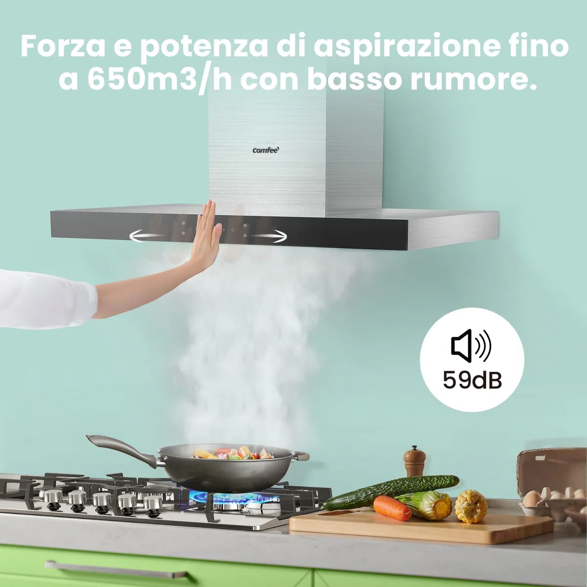 COMFEE' Campana extractora 90 cm Clase A+++ TSHM77SS-90 650 m³/h acero inoxidable campana de cocina con LED, sistema de recirculación y canalización y filtros de carbón