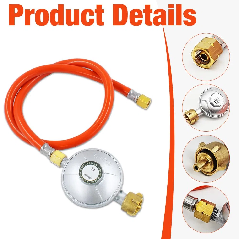 Regulador de presión de Gas 50 mbar, regulador Ajustable de Botella de propano con Manguera de Gas de 150 cm y Rosca Universal giratoria de 1/4 Pulgada