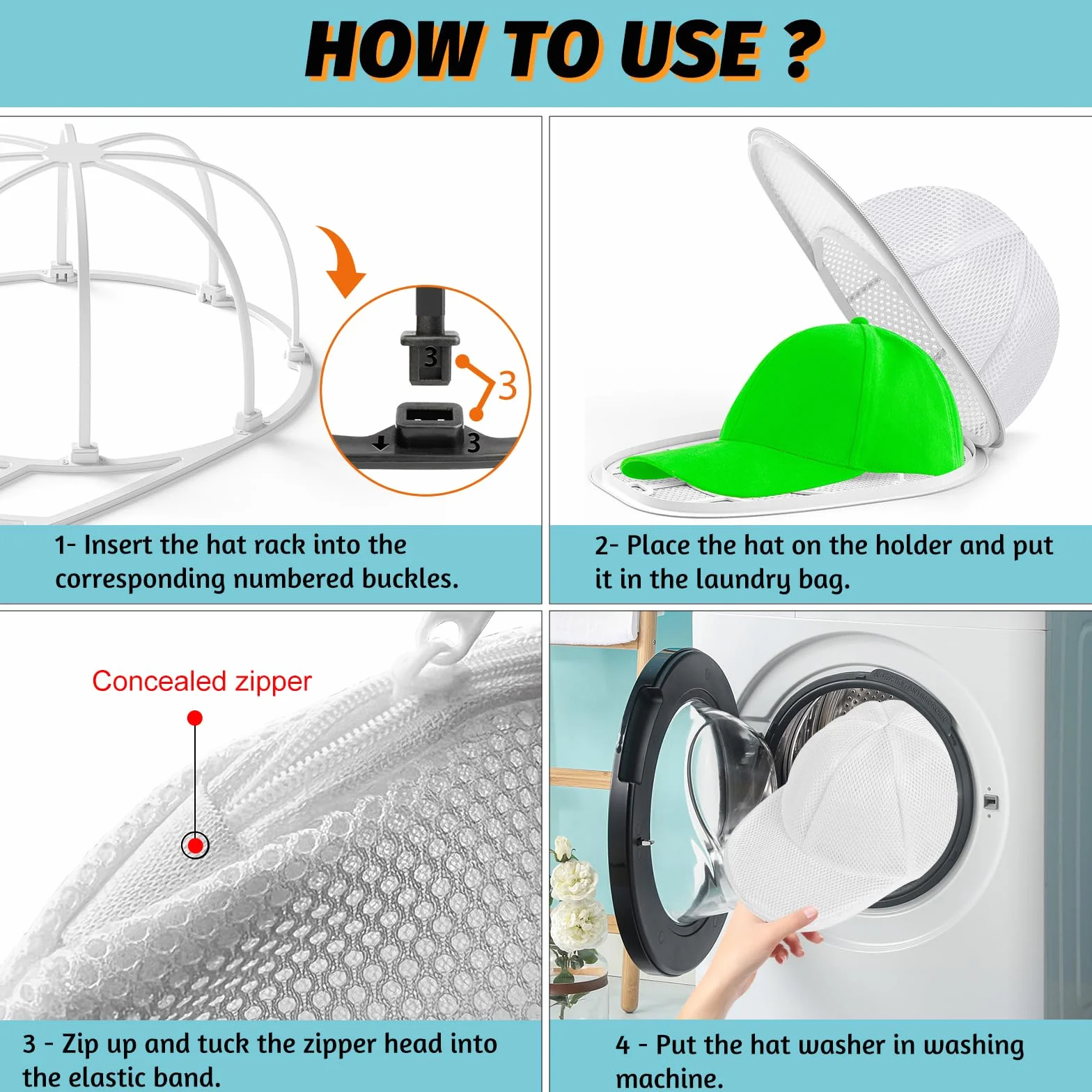 Coopache Soporte para Lavar Gorras Lavadora, Jaula Funda para Lavadora de Sombreros en Lavadora, Arandela Limpiador de Gorras de Béisbol, Bolsa Protectora de Lavandería (Blanco 2 Piezas)