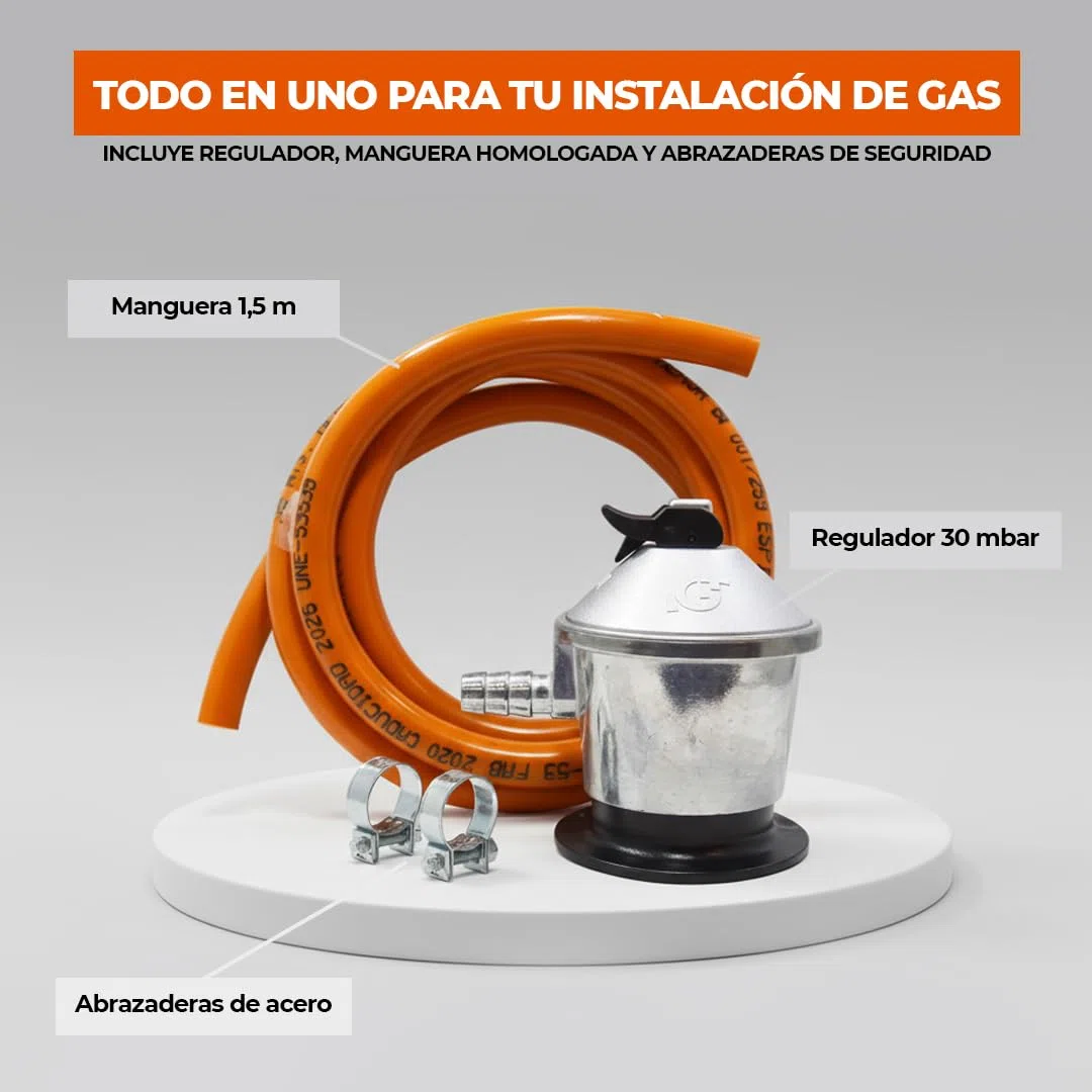 REPORSHOP Kit Regulador Gas Butano Homologado con Seguridad para Cocina - Regulador de Gas Butano con Manguera Butano 1,5 m Fácil Instalación - Goma Gas Butano con Abrazaderas para Propano