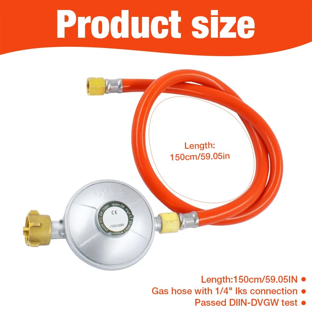 Regulador de presión de Gas 50 mbar, regulador Ajustable de Botella de propano con Manguera de Gas de 150 cm y Rosca Universal giratoria de 1/4 Pulgada