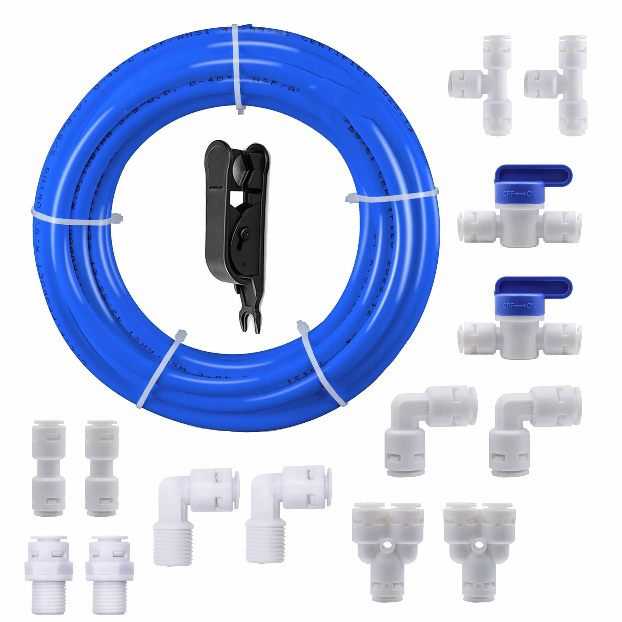 HUAZIZ Juego de conexión universal de 10 metros, color azul, 14 unidades de filtro de agua RO para manguera de 3/8 pulgadas de 9,53 mm, manguera de frigorífico, manguera de agua (Y+T+I+LType+válvula