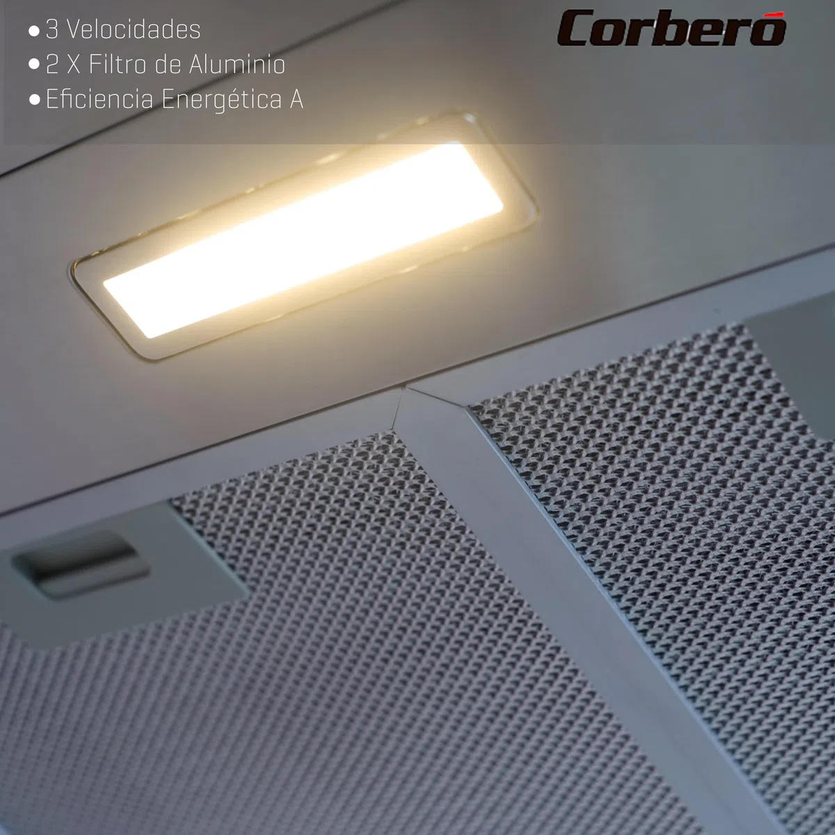 Corberó - Campana Decorativa Horizontal | ONTARIO635X | Inox, 60 cm, Pulsador, Caudal 332,3 m3/h, 70W, 3 Velocidades, 2 X Filtro de Aluminio, Eficiencia Energética A