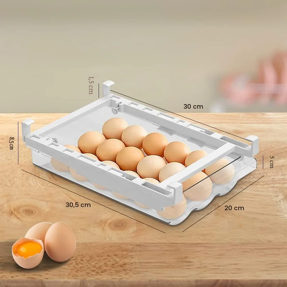 RANJIMA Organizador Frigorifico Transparente, Huevera para Refrigerador 21 Huevos, Bandeja para Huevos Transparente con Riel Deslizante Mango Cajón Porta Huevos para Cocina Frigorífico Panadería