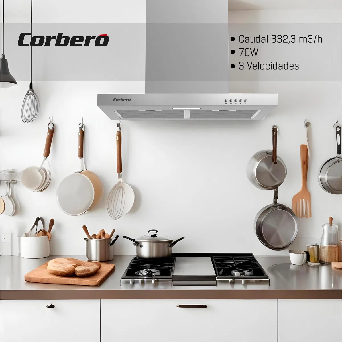 Corberó - Campana Decorativa Horizontal | ONTARIO635X | Inox, 60 cm, Pulsador, Caudal 332,3 m3/h, 70W, 3 Velocidades, 2 X Filtro de Aluminio, Eficiencia Energética A