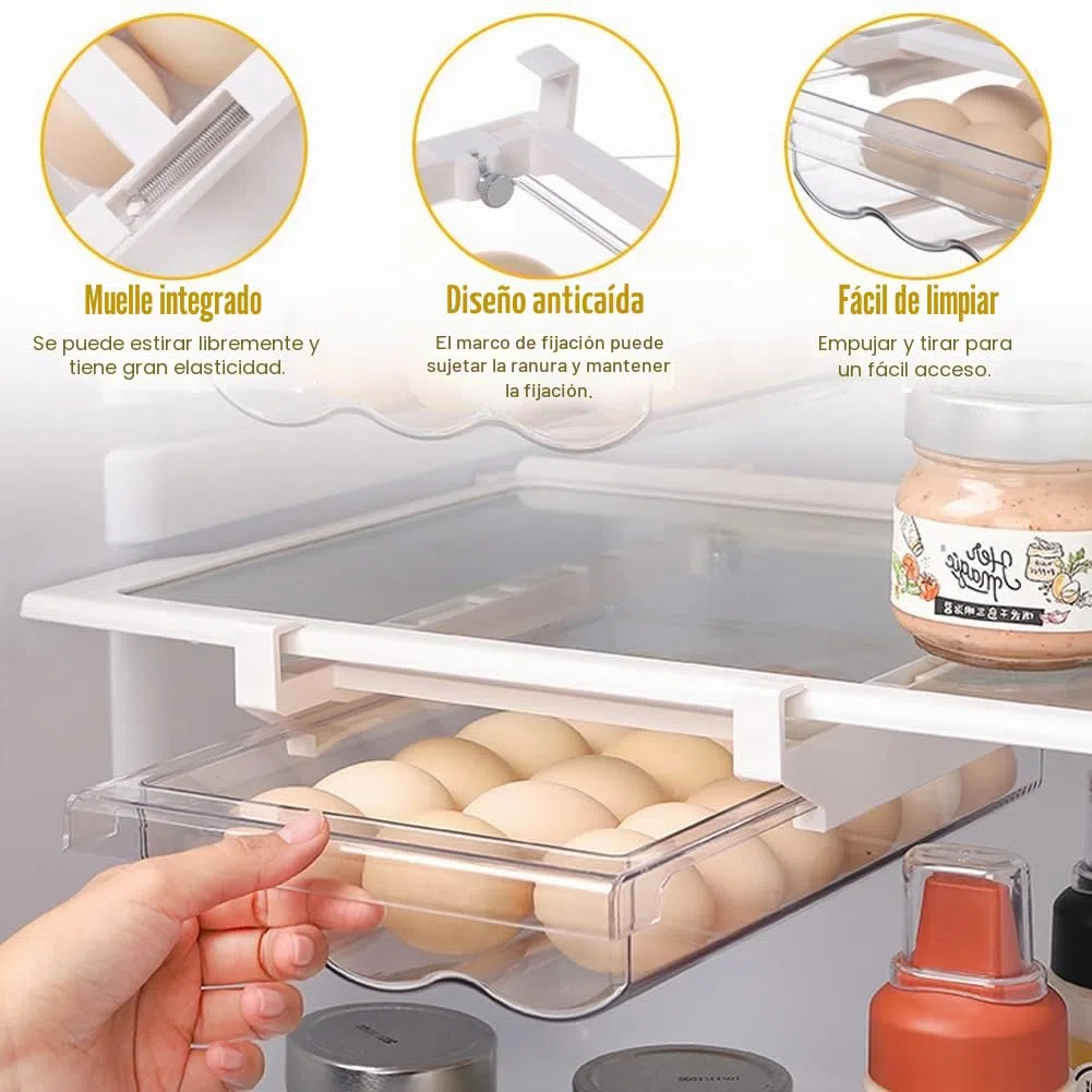 RANJIMA Organizador Frigorifico Transparente, Huevera para Refrigerador 21 Huevos, Bandeja para Huevos Transparente con Riel Deslizante Mango Cajón Porta Huevos para Cocina Frigorífico Panadería