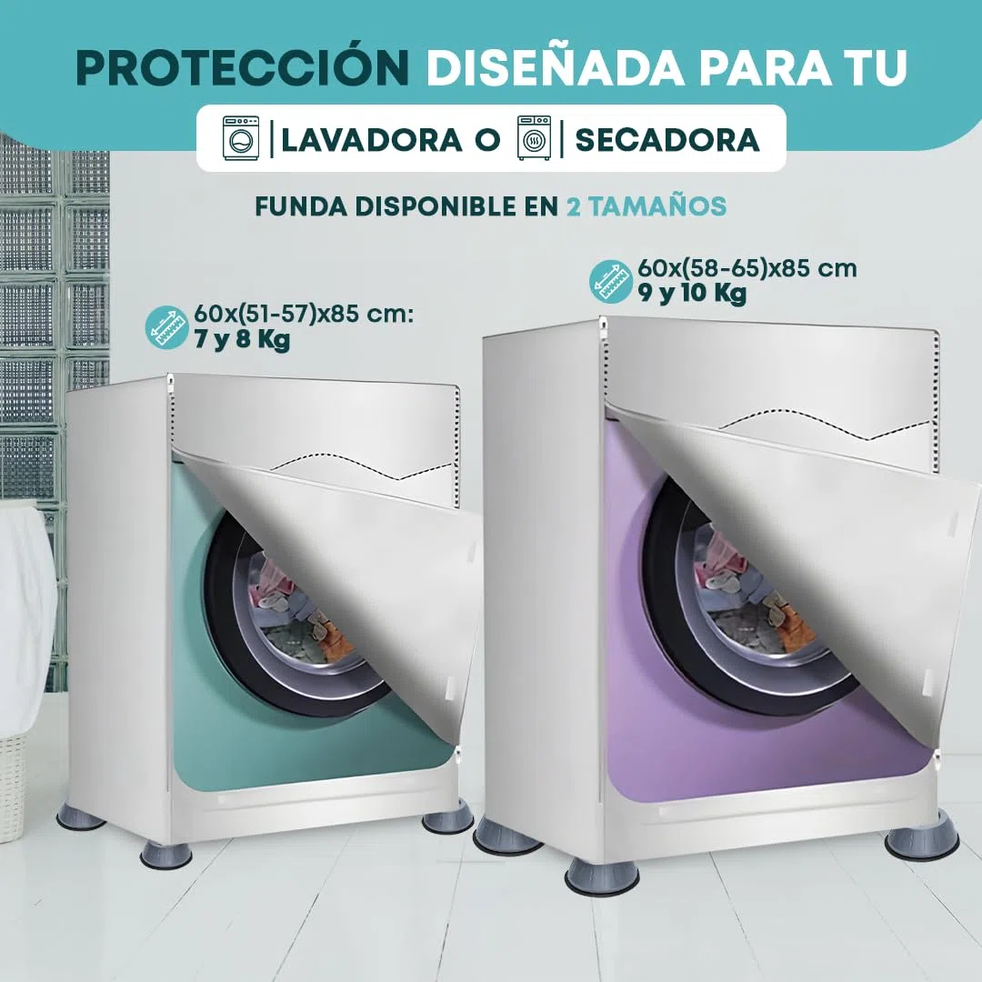 Funda Lavadora Exterior Impermeable, Soporte Lavadora, Pack Funda Lavadora Con x4 Patas Antibrivaciones, Compatible Lavadoras 7-8Kg y 9-10Kg , Protección Contra Lluvia, Sol y Reducción de vibraciones
