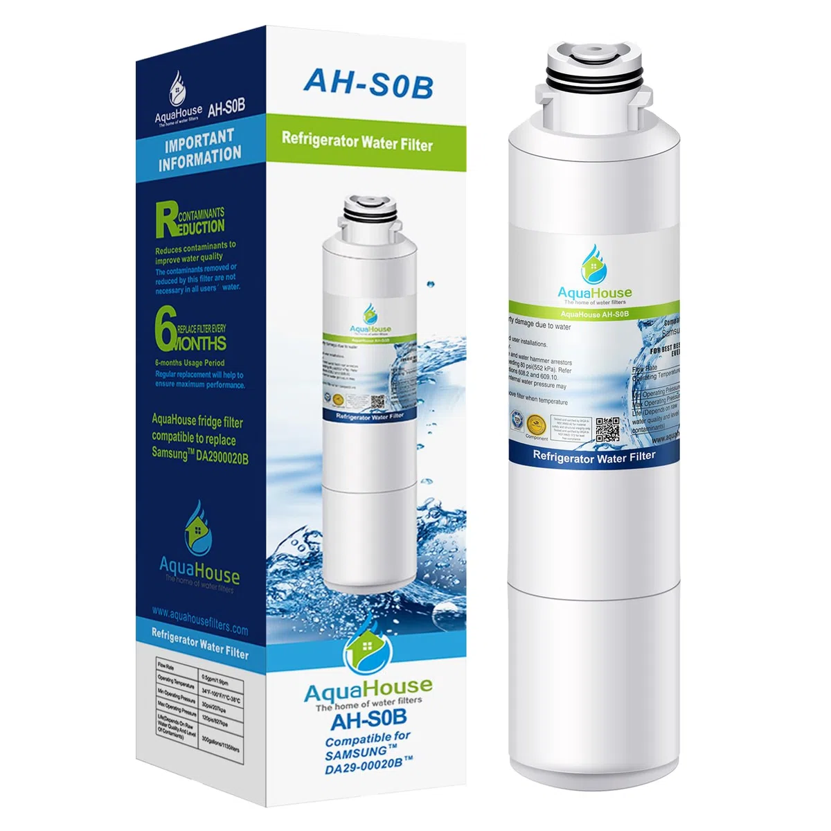 AquaHouse AH-S0B filtro de agua compatibles para Samsung nevera DA29-00020B, HAF-CIN/EXP, DA97-08006A-B, DA29-00020A