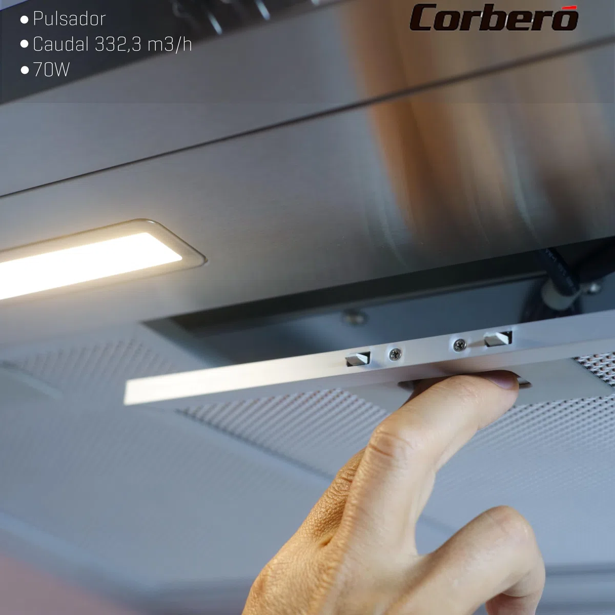 Corberó - Campana Decorativa Horizontal | ONTARIO635X | Inox, 60 cm, Pulsador, Caudal 332,3 m3/h, 70W, 3 Velocidades, 2 X Filtro de Aluminio, Eficiencia Energética A