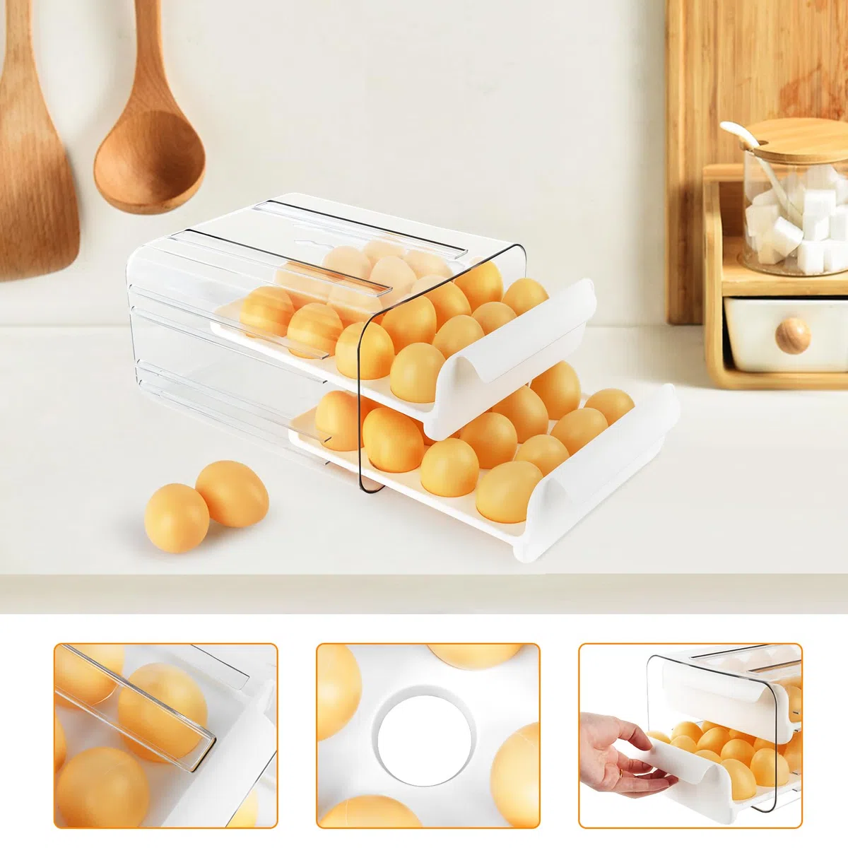 MXTIMWAN Cajón Porta Huevos, Cajón Caja de Almacenamiento para Huevos, Plástico, Soporte para Huevos para Nevera, Resposteria, Refrigerador, Cocina, 32 Espacios