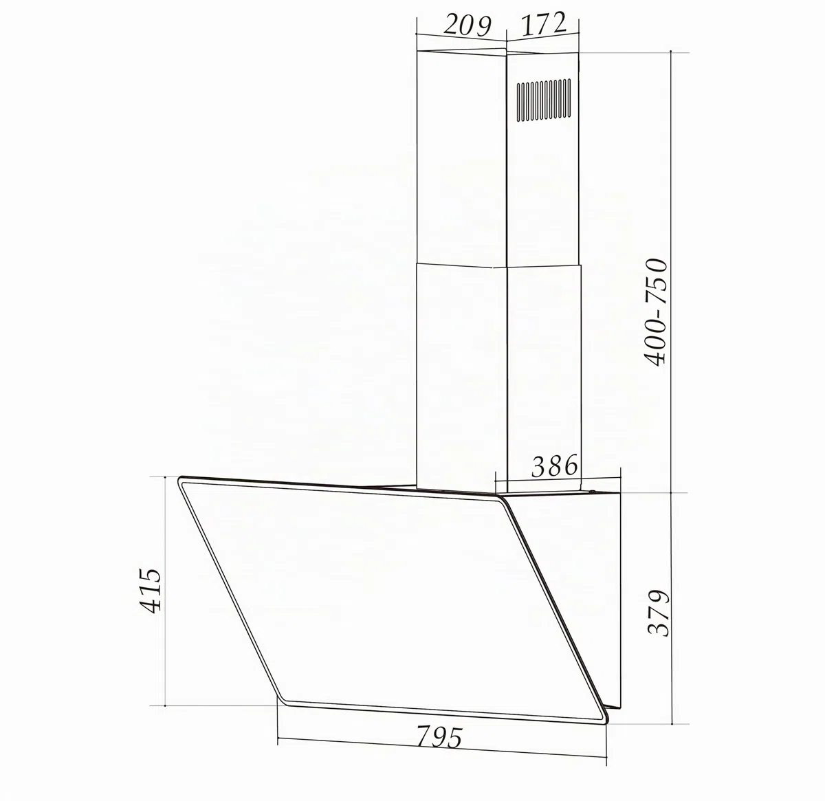 Respekta campana extractora cabeza libre, campana extractora inclinada 80 cm, pantalla de vidrio, acero inoxidable en negro, función de extracción y recirculación de aire, CH112080S, A++, 39-61 dB